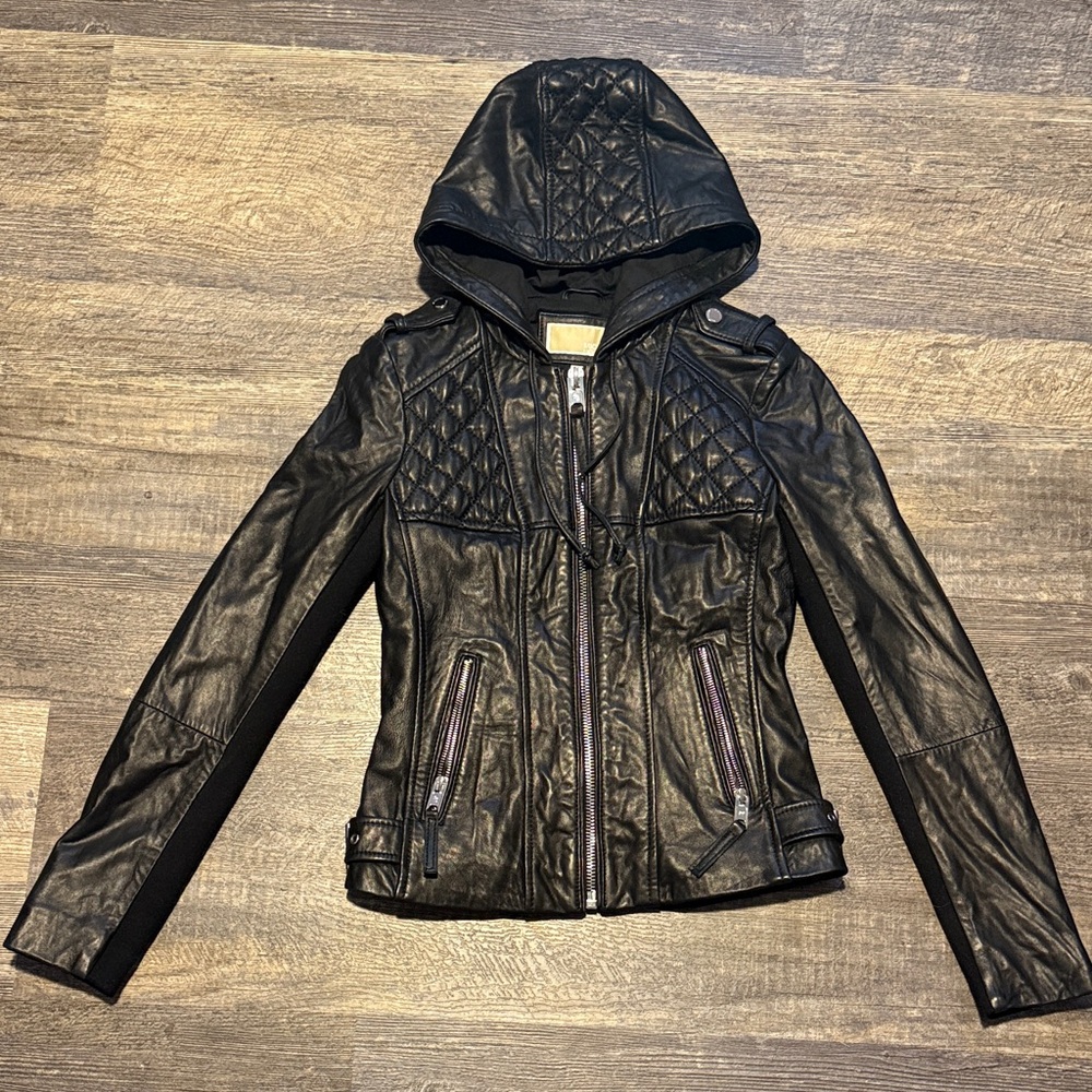 Michael kors Quilted Hooded Black real Leather Jacket